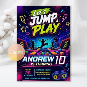 May include: A neon-themed birthday invitation featuring silhouettes of children jumping on trampolines. The text reads Let's JUMP & PLAY, ANDREW IS TURNING 10, AUGUST 28 AT 4:00PM, ANDREW'S HOUSE, 123 ANYWHERE ST., ANY CITY, 8743, and RSVP TO OLIVIA AT 1234567890.