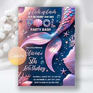 Mermaid Birthday Invitation, Mermaid Bash Invite, Under the Sea Birthday Party, Mermaid Invitation, Instant Download,Editable Canva Template