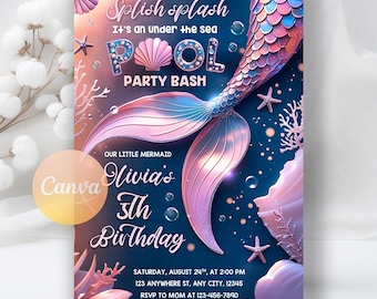 Mermaid Birthday Invitation, Mermaid Bash Invite, Under the Sea Birthday Party, Mermaid Invitation, Instant Download,Editable Canva Template