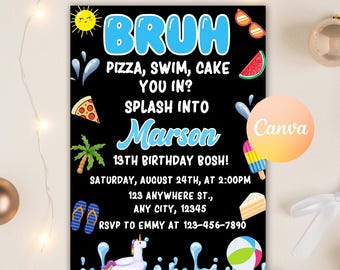 Invitación de cumpleaños para fiesta en la piscina de Bruh, invitación de cumpleaños para niño en la piscina, invitación imprimible de cumpleaños de Bruh, plantilla digital editable de Canva