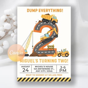 Construction Birthday Invitation, Dump Truck Birthday Invite, 2nd Birthday Construction Invitation Instant download, Editable Canva Template
