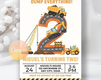 Construction Birthday Invitation, Dump Truck Birthday Invite, 2nd Birthday Construction Invitation Instant download, Editable Canva Template