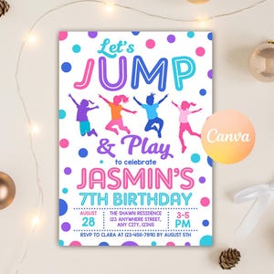 Zaproszenie do skoku do wydrukowania, zaproszenie na urodziny do skoku, impreza trampolinowa dla dziewcząt, impreza z dmuchanym domkiem dla dzieci, impreza Let's Jump, edytowalny szablon Canva