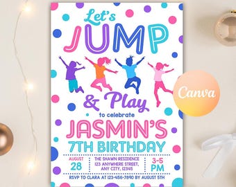 Invitación imprimible para saltar, invitación de cumpleaños para saltar, fiesta de trampolín para niñas, fiesta de castillo inflable para niños, fiesta de saltos, plantilla editable de Canva