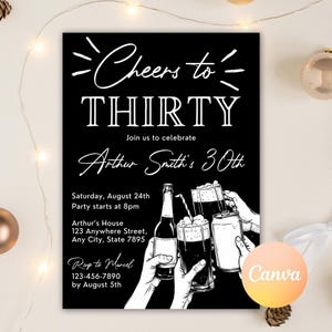 May include: Black and white invitation for a 30th birthday party with the text "Cheers to Thirty" and "Join us to celebrate Arthur Smith's 30th". The invitation includes details about the party, including the date, time, location, and RSVP information.