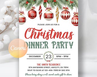 Christmas Party Invitation, Christmas Dinner Invitation, Holiday party invite, Holiday dinner, Digital download, Editable Canva Template