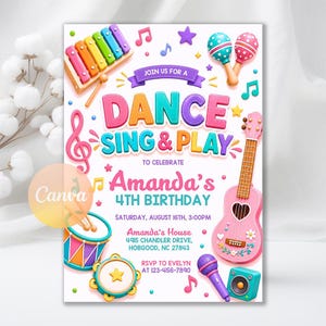May include: A birthday invitation card featuring colorful musical instruments including a xylophone, maracas, a pink guitar, a drum, a tambourine, and a microphone. The text reads: JOIN US FOR A DANCE SING & PLAY TO CELEBRATE Amanda's 4TH BIRTHDAY.