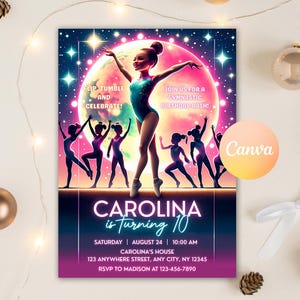 Gymnastics Birthday Invitation, Girl Gymnastics Birthday Party Invite, Jump Tumble And Play, Gymnastics Party Theme, Editable Canva Template