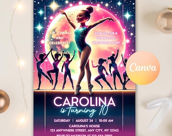 Invitación de cumpleaños de gimnasia, invitación para fiesta de cumpleaños de gimnasia para niñas, saltos, volteretas y juegos, tema de fiesta de gimnasia, plantilla editable de Canva