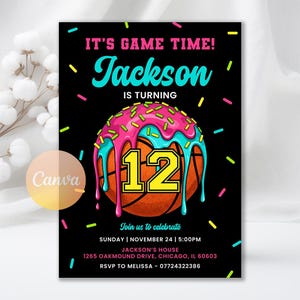 May include: Black invitation with the text "IT'S GAME TIME!" and "Jackson" in turquoise. A basketball with pink frosting and the number 12 is in the center. The invitation includes event details and RSVP information.