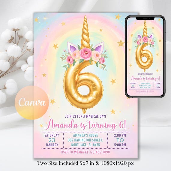 6th birthday unicorn invitation, Rainbow Sparkle Magical Party Invite, Digital Download, Editable Canva Template