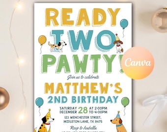 Puppy 2nd Birthday Invitation, Ready TWO Party Birthday Invitation, Second Birthday Invite, Puppy Dog Birthday, Editable Canva Template