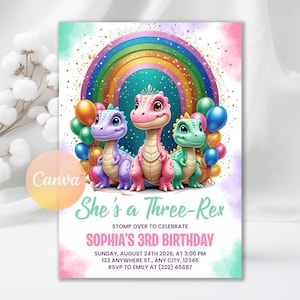 Pastel Dinosaur Birthday Invitation, Girl Three Rex Party Editable Invite, Cute Dino Pink Template Printable, Editable Canva Template