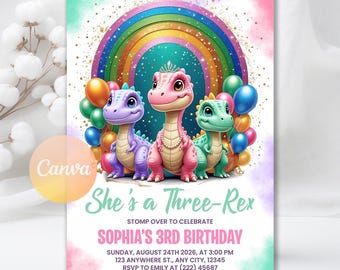 Pastel Dinosaur Birthday Invitation, Girl Three Rex Party Editable Invite, Cute Dino Pink Template Printable, Editable Canva Template