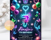 7th Birthday Invitation, Butterfly Invitation, Neon Glow Butterfly Balloon Girl Birthday Printable Invite Digital Editable Canva Template