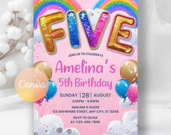 5. Geburtstagseinladung für Mädchen, Mädchen Regenbogen Pailletten Glitzer einladen, Mädchen rosa Geburtstag einladen druckbare digitale, bearbeitbare Canva-Vorlage