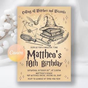 Könnte beinhalten: Eine beige Geburtstagseinladung mit Zaubererthema. Die Einladung zeigt Illustrationen eines Zauberhuts, Bücher, eines Besens und eines goldenen Schnatzes. Der Text lautet "Calling all Witches and Wizards" und kündigt "Mattheo's 10th Birthday" an.