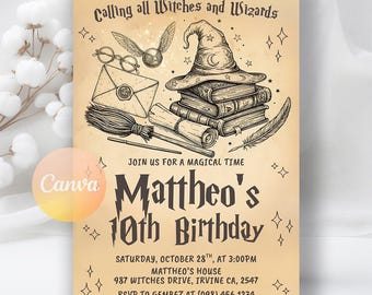 May include: A tan birthday invitation with a wizard theme. The invitation features illustrations of a wizard hat, books, a broom, and a golden snitch. The text reads "Calling all Witches and Wizards" and announces "Mattheo's 10th Birthday".