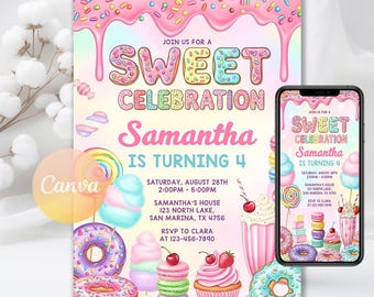 Sweets Birthday Party Invitation, Candyland Invite, Candy Ice Cream Cupcake Donut, Digital Download, Editable Canva Template