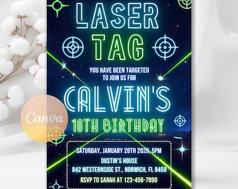 Neon Laser Tag Birthday Invitation, Boy Gamer Arcade Party Invite, Digital download, Editable Canva Template