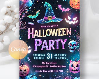 May include: A Halloween party invitation with a dark background featuring a witch's hat, pumpkins, bats, and a skull. The text reads "Halloween Party" with the date, time, and RSVP information. The overall design is colorful and festive.