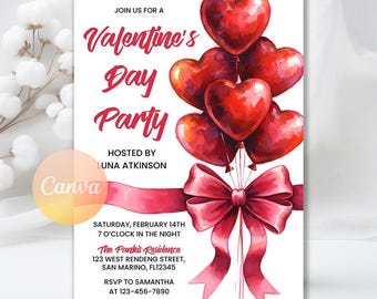 Pink and Red Bow Valentine's Invitation, Friends Valentines Party Invite, Digital Download, Editable Canva Template