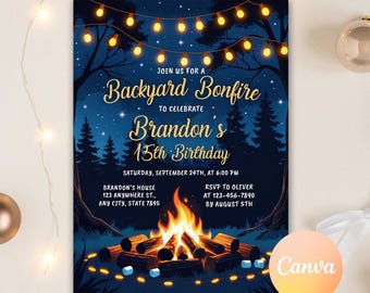 Bonfire Birthday Invitation, Backyard Bonfire Invite, S'mores Birthday Invitation, Bonfire Party, Camping Party, Editable Canva Template
