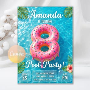 May include: A rectangular invitation card featuring a bright blue swimming pool background with a large pink donut shaped like the number eight. The text reads Amanda is turning 8, Join us for a Pool Party, August 28, 2:00 PM, and 1987 Wilkinson Court, Fort Myers, FL 33901, RSVP to EMA at 123-456-7890.