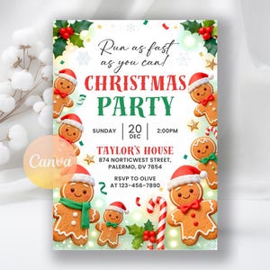 May include: A Christmas party invitation with gingerbread men, holly, and candy canes. The invitation reads "Run as fast as you can! CHRISTMAS PARTY" with the date, time, and location. The design is festive with a green and red color scheme.