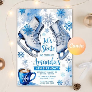 Könnte beinhalten: Blaue und weiße Geburtstagseinladung mit einer Aquarell-Illustration von Schlittschuhen, Schneeflocken und einer Tasse heißer Schokolade. Der Text lautet "Let's Skate and Celebrate Amanda's 4th Birthday".