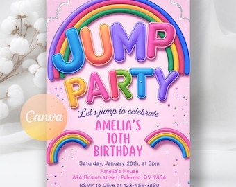 Invitación de cumpleaños para fiesta de saltos, fiesta de trampolín para niñas, fiesta de saltos y rebotes, cumpleaños de trampolín, descarga digital, plantilla editable de Canva