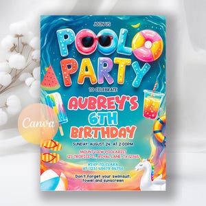 Summer Pool Party Birthday Invitation, Swimming Pool Any Age Birthday Party Invite, Pool Party, Instant Download, Editable Canva Template