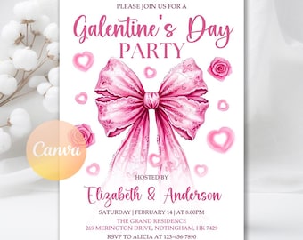 Pink Bow Galentine's Day Party Invitation, Valentine Girls Night or Brunch Party Invite, Digital Download, Editable Canva Template