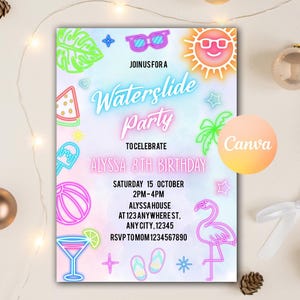 May include: A vibrant party invitation with a neon design. The invitation reads "Waterslide Party" and includes details for Alyssa's 8th birthday, such as the date, time, and location. The design features illustrations of sunglasses, a sun, and a flamingo.