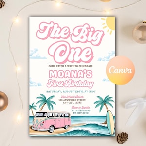 The Big One Surf Birthday Invitation, Surfboard Birthday Invite, Printable Beach Summer Pool Party Invitation, Editable Canva Template