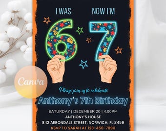 Six Seven Birthday Invitation, Trending Meme I was 6 now I'm 7 Party Invite, Digital download, Editable Canva Template
