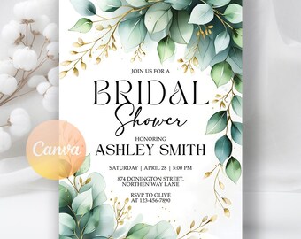 Eucalyptus Bridal Shower Invitation: Boho Greenery, Editable Canva Template (Digital Download)