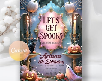 Faire-part d'anniversaire Halloween, effrayante invitation d'anniversaire, invitation à une soirée fantasmagorique entre préados, téléchargement numérique, modèle de toile modifiable