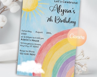 Watercolor Rainbow Birthday Invitation, Colorful Party Invite, Girls Party Invites, Rainbow Party Digital E-Invite, Editable Canva Template