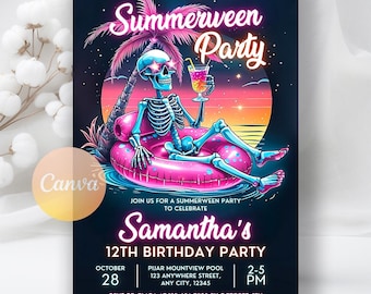 Invitación para fiesta de verano, fiesta de Halloween en la piscina y cumpleaños, fiesta de verano en la piscina, fiesta de Halloween en la piscina, plantilla editable de Canva
