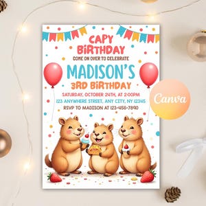 Capybara invitation, Capybara Birthday Invite, Capy Birthday, Kawaii Capybara, Capybara Party Invite, Capybara Cute, Editable Canva Template