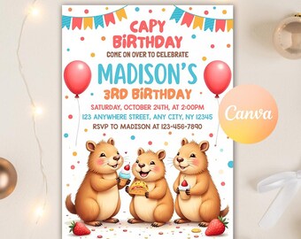 Capybara invitation, Capybara Birthday Invite, Capy Birthday, Kawaii Capybara, Capybara Party Invite, Capybara Cute, Editable Canva Template