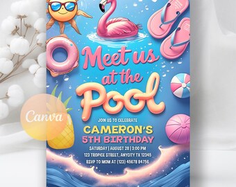 Girl Pool party invitation, Pink pool party girl birthday invitation, Teen Splish Splash Party, Instant Download, Editable Canva Template