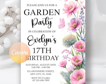 Wildflower Birthday Invitation, Girls Women Flower Garden Party Invite, Instant download, Editable Canva Template
