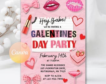 Galentine's Party Invitation, Friends Valentines Party Invite, Digital Download, Editable Canva Template