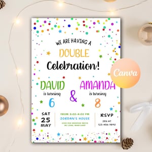 Joint Party Birthday Invitation, Sibling Birthday Party, Double Birthday Invitation, Joint Birthday Printable Invite Editable Canva Template