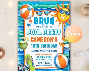 Zaproszenie na urodziny Bruh, Zaproszenie na przyjęcie urodzinowe Boy Pool, Letnia impreza Splish Splash Pool, Natychmiastowe pobieranie, Edytowalny szablon Canva