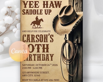 Cowboy Birthday Invitation, Country Western Invitation, Rustic Saddle Up And Put Your Boots On, Instant Download, Editable Canva Template