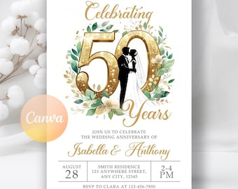 50周年記念招待状、グリーティングカード付き結婚記念日招待状、結婚記念日招待状、デジタルダウンロード、編集可能なCanvaテンプレート
