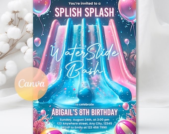 Water Slide Birthday Invitation, Water Slide Invitation, Summer Pool Party, Girl Splash Party Printable Invite, Editable Canva Template